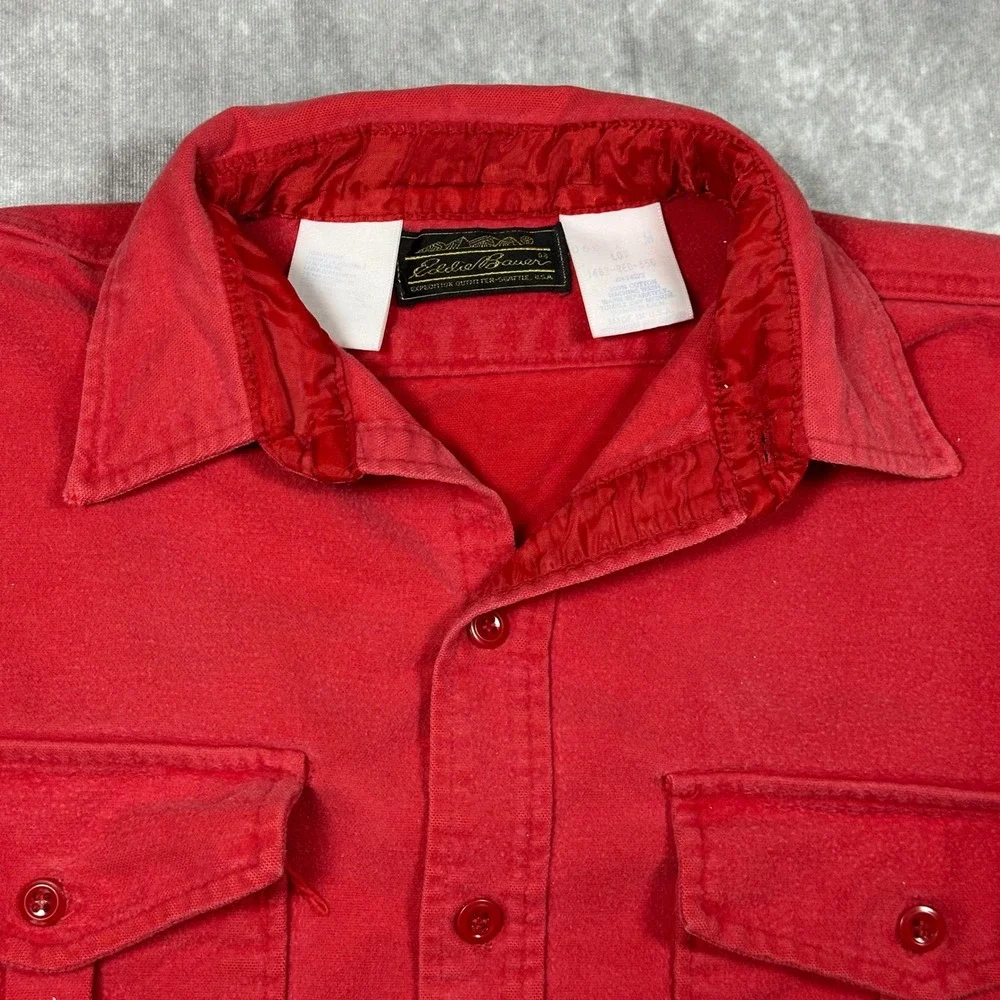Vintage 80s Eddie Bauer Men Red Chamois Cloth Shirt Medium Long Sleeve Button Up